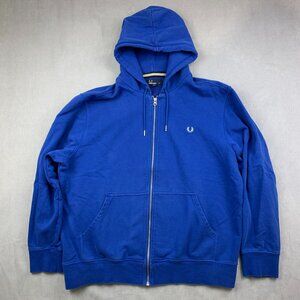 Fred Perry Mens Sweater 2XL Blue Full Zip Hoodie Long Sleeve French Terry Cotton